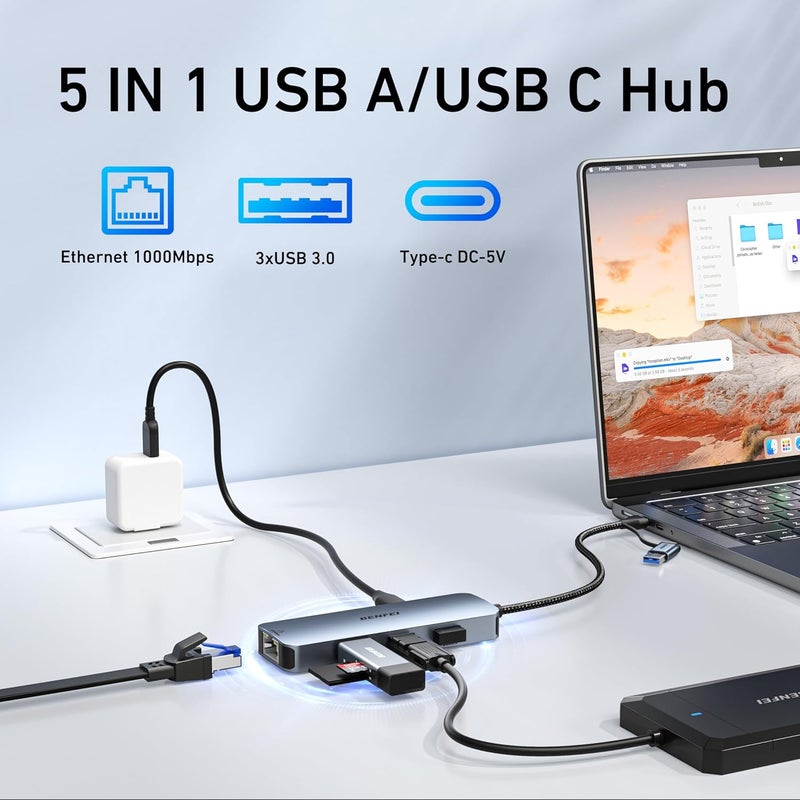 Benfei USB-C USB 3.0 to Gigabit Ethernet Adapter, 3-Port USB 3.0 Hub with RJ45 Compatible with MacBook Pro/Air 2023, iPad Pro, iMac, S23, XPS 17, Surface Book 3 and More - Image 2